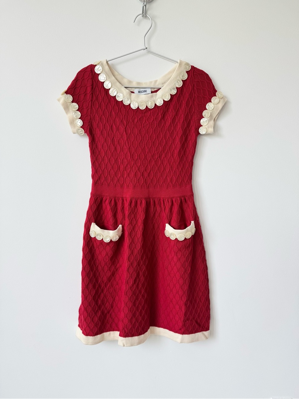 Moschino Red Knit Dress with Cream Trim and Iconic Logo Buttons - Made in Italy